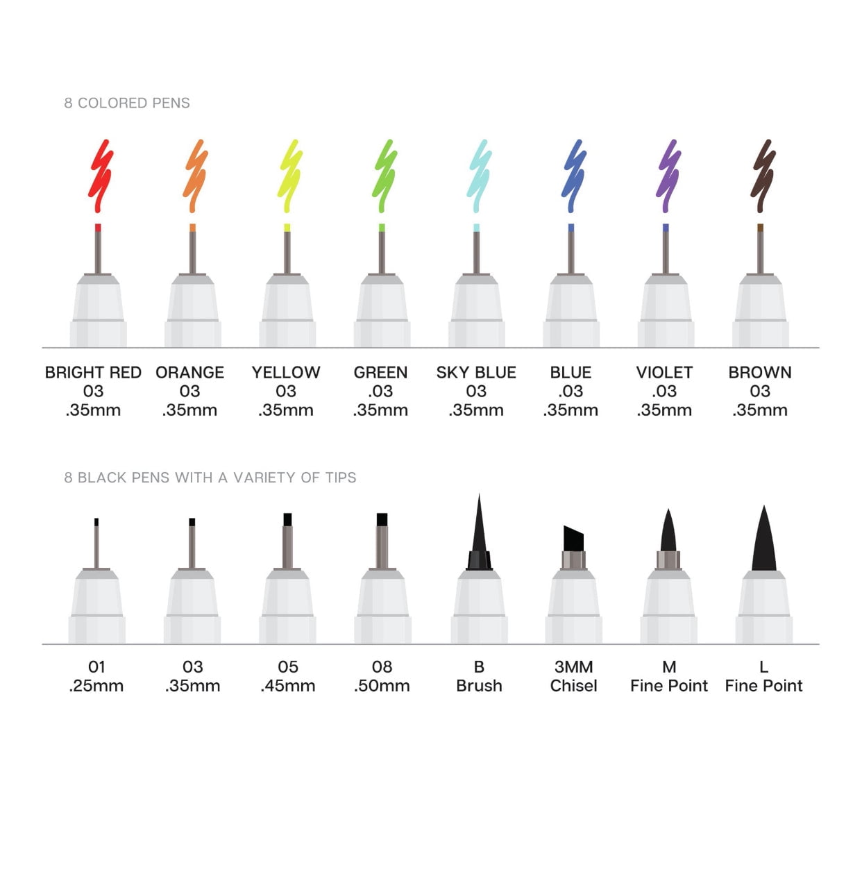 KINGART™ PRO Inkline Fine Line Archival Ink Pens, Set of 16