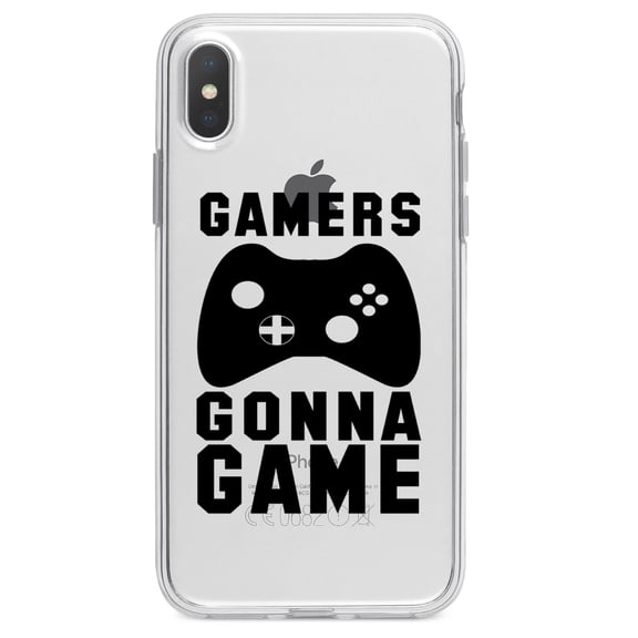 DistinctInk Clear Shockproof Hybrid Case for iPhone XR (6.1" Screen) - TPU Bumper Acrylic Back Tempered Glass Screen Protector - Gamers Gonna Game - Video Games