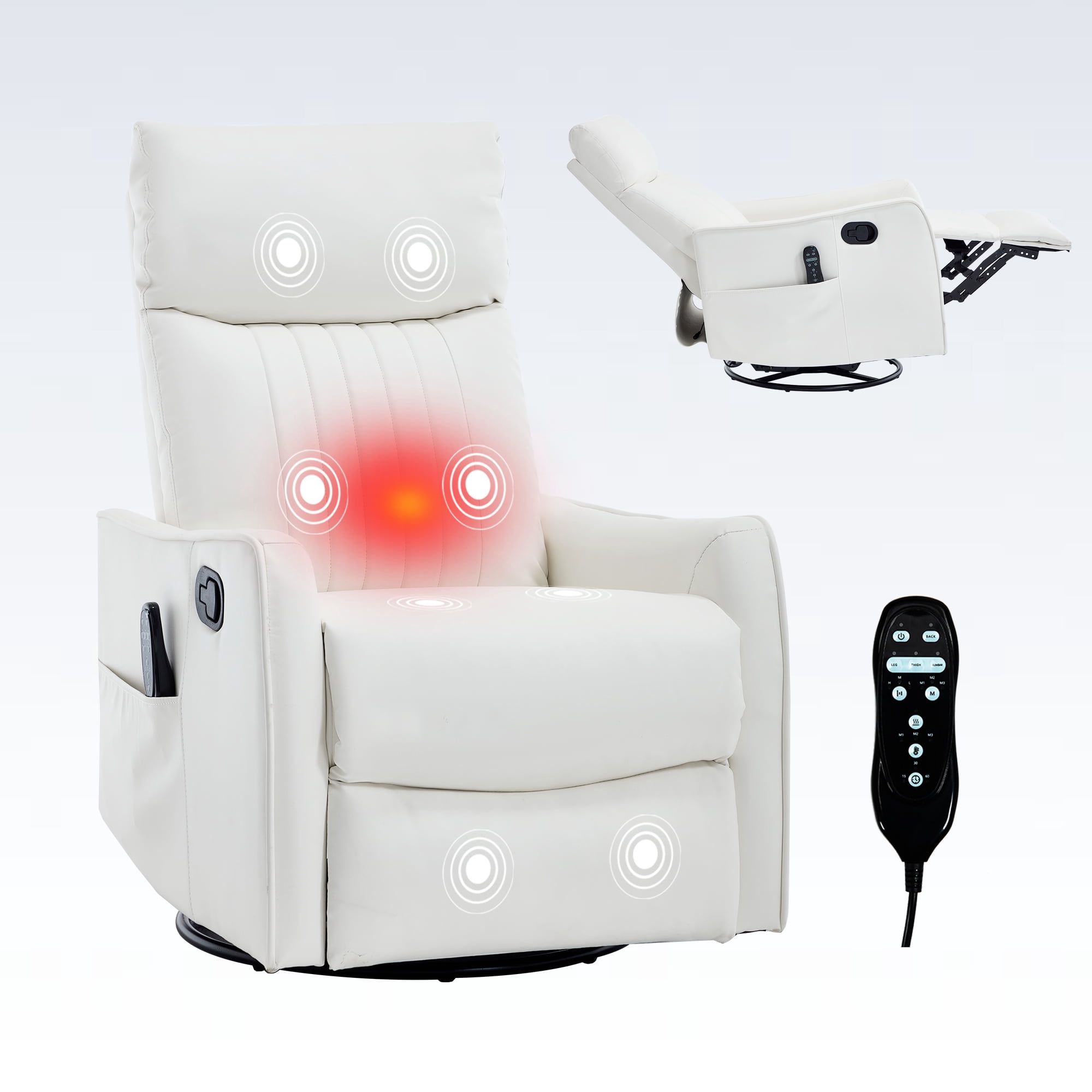 Aukfa Massage Recliner Chair with Heat, Faux Leather 360° Swivel Rocker Recliner, Overstuffed Manual Reclining Glider Chair with Vibration, White