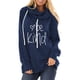 thumbnail image 2 of Sudadera con capucha y estampado de letras para mujer, transpirable, de manga larga, con cordón ajustable, en azul oscuro, talla XL, 2 of 5