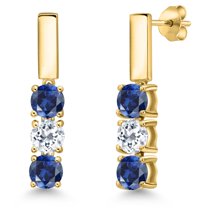 Gem Stone King 18K Yellow Gold Plated Silver Blue Created Sapphire and White Topaz Drop Dangle Earrings for Women | 1.80 Cttw | Gemstone September Birthstone | Round 5MM