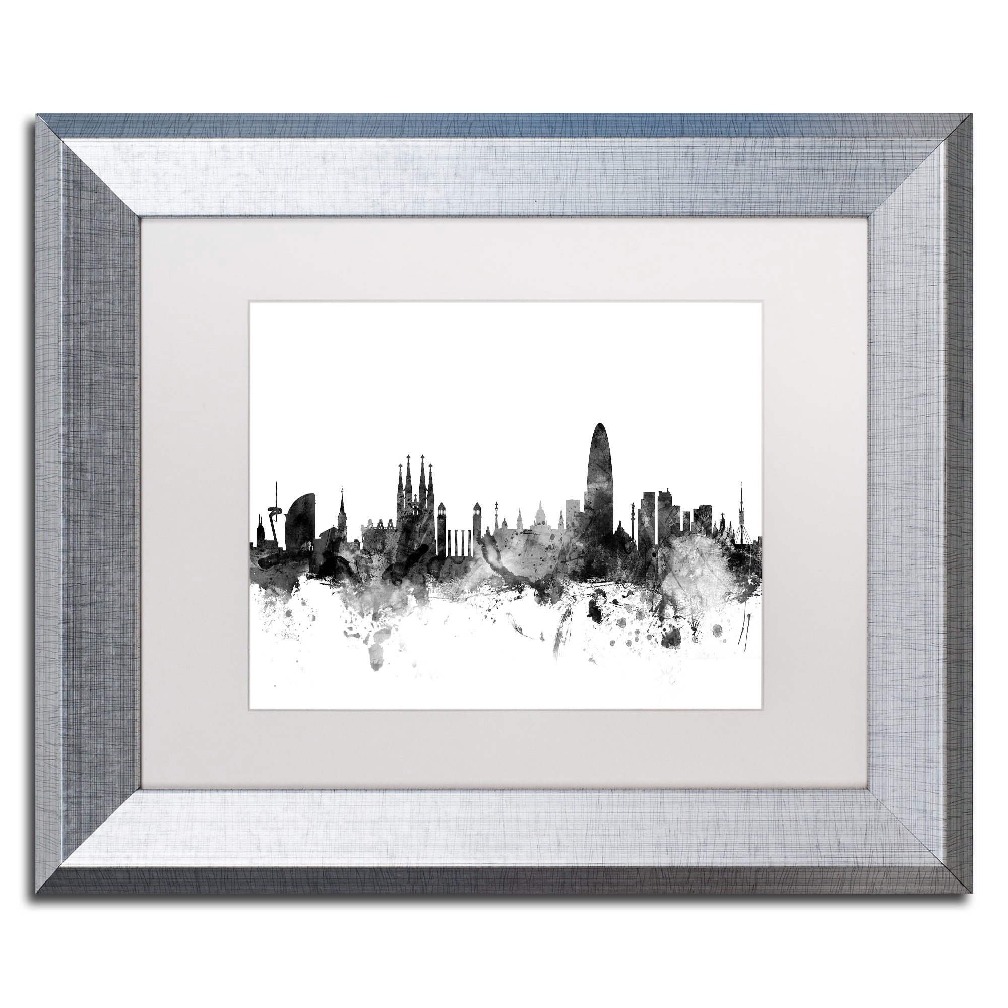 Trademark Fine Art "Barcelona Spain Skyline B&W" Canvas Art by Michael Tompsett, White Matte, Silver Frame