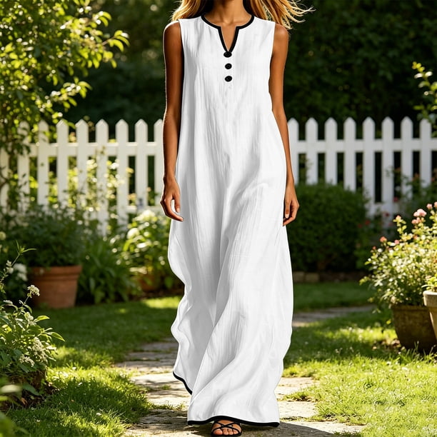 Women's Sleeveless Cotton Linen Maxi Dress Casual V Neck Button Down Long Dress Flowy Sundress for Vacation Beach