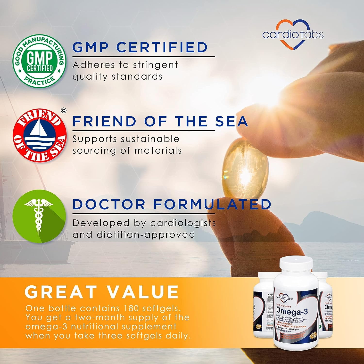 Cardiotabs® Enteric-Coated Omega-3 Dietary Supplement Softgels 180 ct Bottle