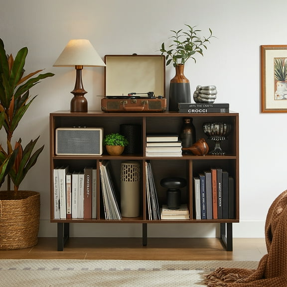 Large Record Player Stand with Vinyl Storage Cabinet, Mid Century Modern Turntable Console Table, Black Walnut Wood, for Speakers, Albums, Media, Stereo, Audio, Bookshelf for Living Room