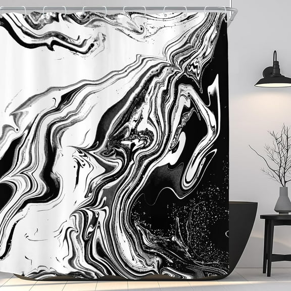 Black White Marble Shower Curtain for Bathroom Decor 72Wx72H Inches Abstract Modern Ombre Ink Texture Aesthetic Minimalist Fluid Liquid Luxury for Men Fabric Waterproof Polyester 12 Pack Hooks