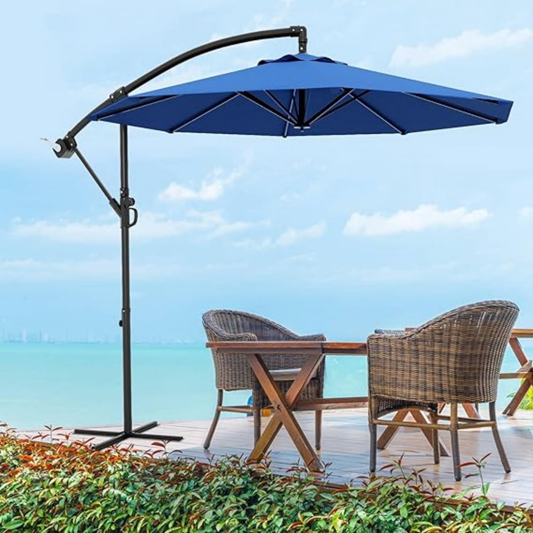 heavy duty wind resistant cantilever patio umbrella 10ft Large Round with Base Included, Windproof Offset Umbrella with 360Rotation and 0.07" Thickened Aluminum Pole, quality sunshade fabric can effectively block more than 98% of harmful UVA/UVB ultraviolet rays 10FT Cantilever Patio Umbrella with