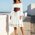 thumbnail image 5 of Otvok Faux Leather Corset Midi Dress, Women Off Shoulder Renaissance Gown, Flare Long Sleeve Ruffle Hem Halloween Costume Dress, 5 of 7