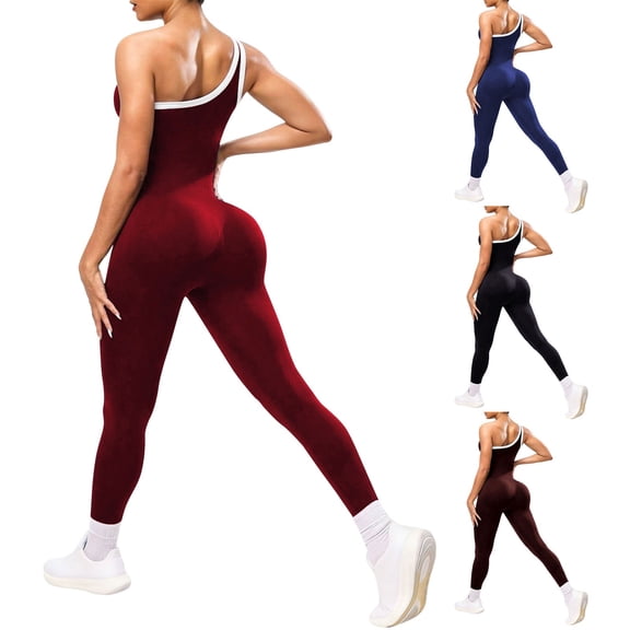 Women's One Shoulder Yoga Jumpsuit, Sexy Backless Single Strap Bodysuit, Seamless Workout Outfit, Gym Fitness and Casual Bodycon One Piece-Black