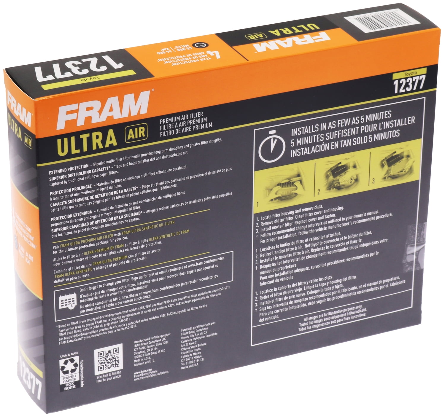 FRAM Ultra Air 12377, Premium Engine Air Filter, Replacement Filter for Lexus and Toyota Vehicles Fits select: 2019-2023 TOYOTA RAV4, 2018-2023 TOYOTA CAMRY