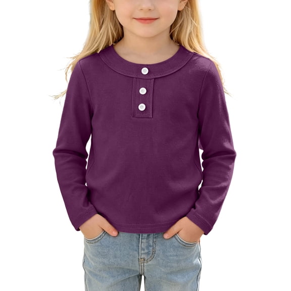 Lenpel Toddler Kids Girls Tops Fall Cute Solid Color Fashion Button Crew Neck Pullover Casual Long Sleeve Blouses(Purple,12-18Months)