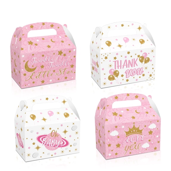 24 Pack Party Favor Boxes, Oh Baby Gift Treat Bags, Gable Boxes for Baby Showers Birthday Decorations Supplies Favors,Dessert Candy Goodies Bulk White&Pink Box