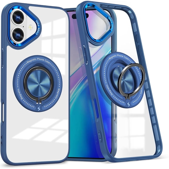 Cover for iPhone 16 Case with Ring Holder Magnetic Black Compatible with Magsafe Wireless Charger iPhone 16 Phone Case Clear Shockproof Rugged (Dark Blue)