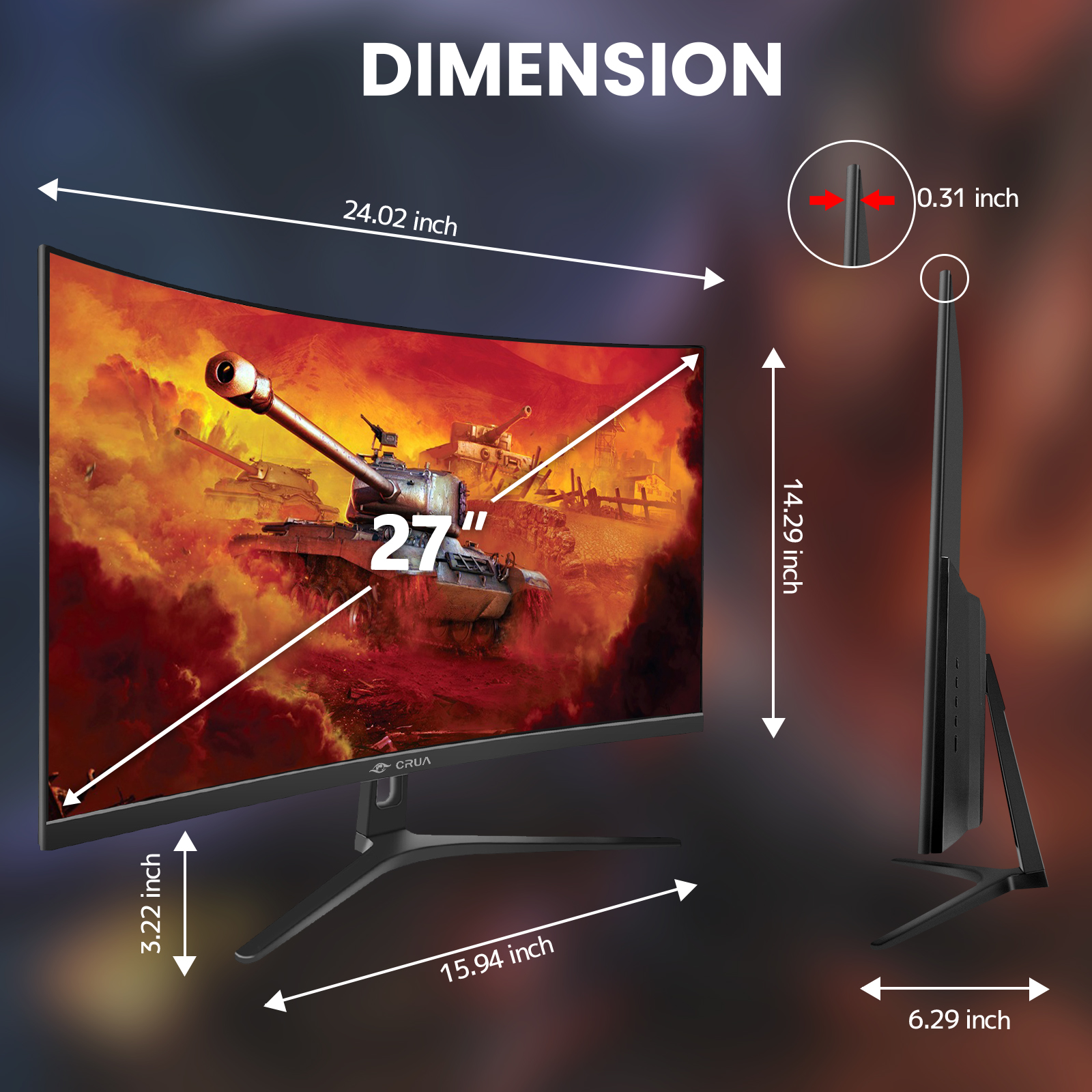 CRUA 27" Curved Gaming Monitor 1080P 165Hz photo 7