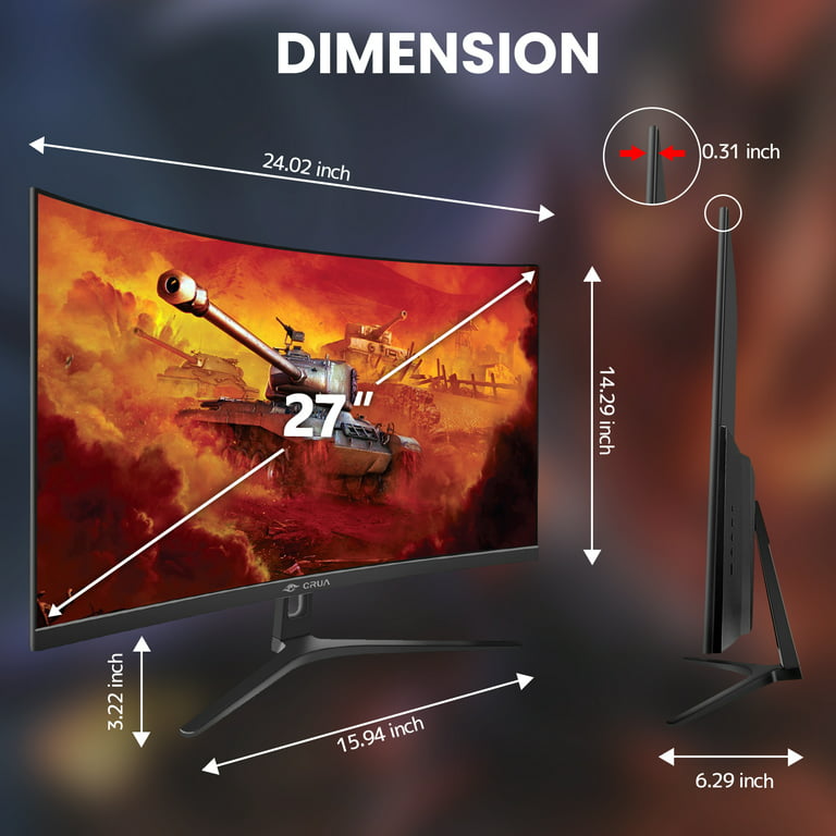 CRUA 24 Inch 144hz/180hz Curved Gaming Monitor, FHD 1080P Frameless  Computer Monitors, Support AMD freesync Low Motion Blur, Eye Care,  DisplayPort
