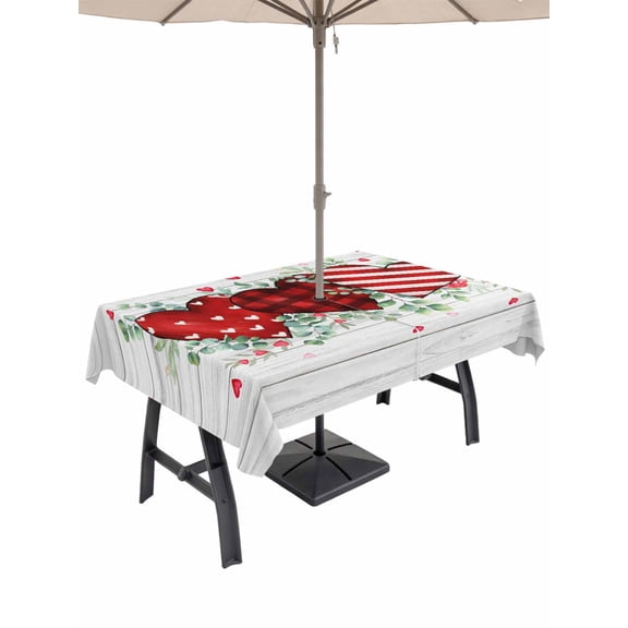 Outdoor Tablecloth with Umbrella Hole and Zipper, Valentine's Day Rectangle Table Cloth 52x70 Inch Waterproof Tablecloth, Red Striped Love Eucalyptus Grey Wooden Picnic Table Cover for Patio Camping