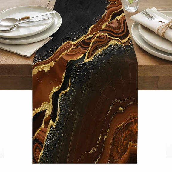 Brown Marble Table Runner - 36 Inch Long, Kitchen Dining Table Runner Dresser Scarves, Gold Abstract Vintage Modern Ombre Art Farmhouse Decor for Coffee Tables Wedding Party Banquet
