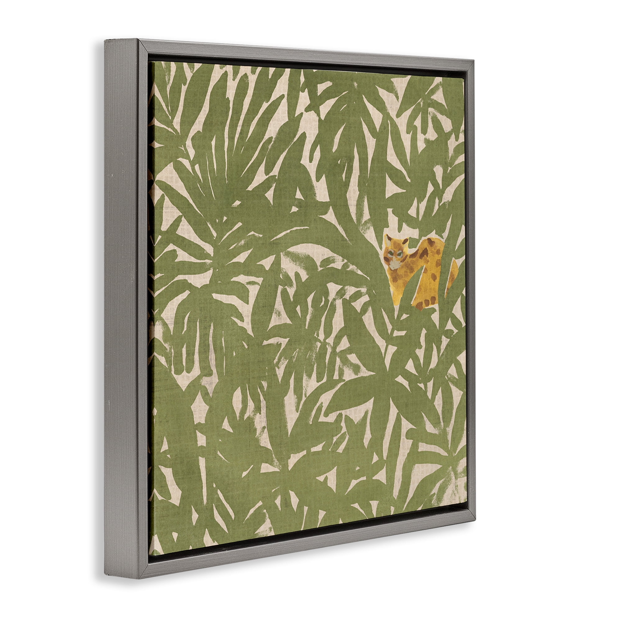 Stupell Industries Hiding Cheetah Palm Plants Botanical & Floral Painting Gray Floater Framed Canvas Art Print Wall Art, 25 x 25