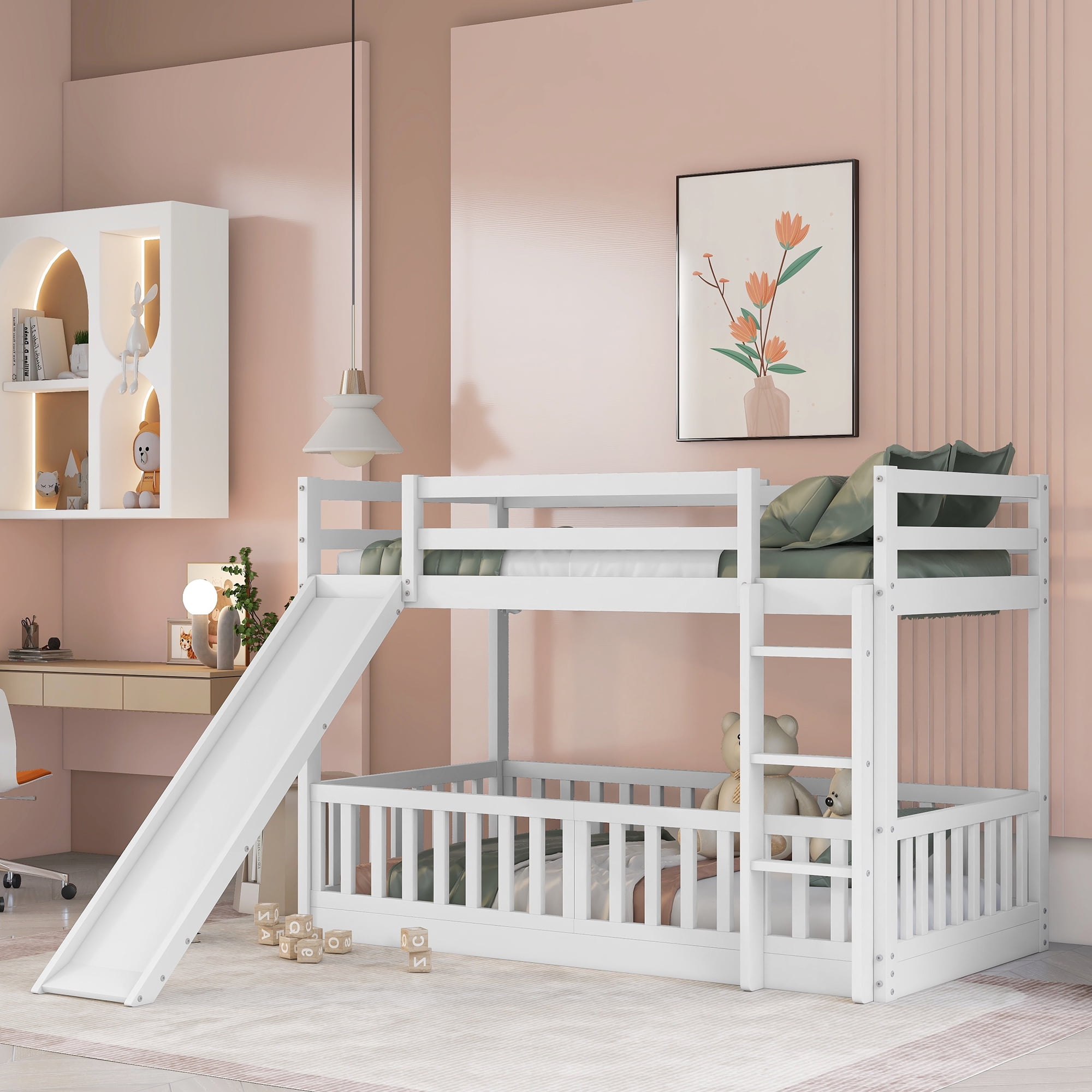Bellemave Low Bunk Bed with Slide, Twin Over Twin Juniors Bunk Beds with Fence, Floor Bunk Bed