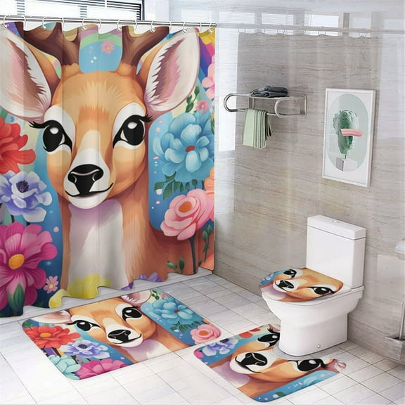 Elk with Flowers 4 Pcs Shower Curtain Set with Rug Bathroom Sets with Waterproof Fabric And Non-Slip Rugs Toilet Lid Cover Bath Mat Decor with Hooks