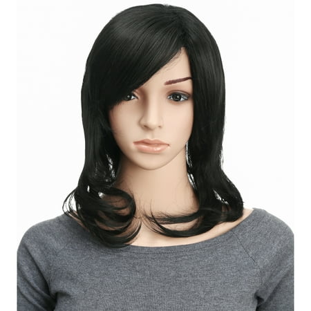 OneDor 18 Inch Women Long Big Wave Black Wig Synthetic Full Head Hairpiece with Fringe (1B - Off (Best Wigs For Big Heads)