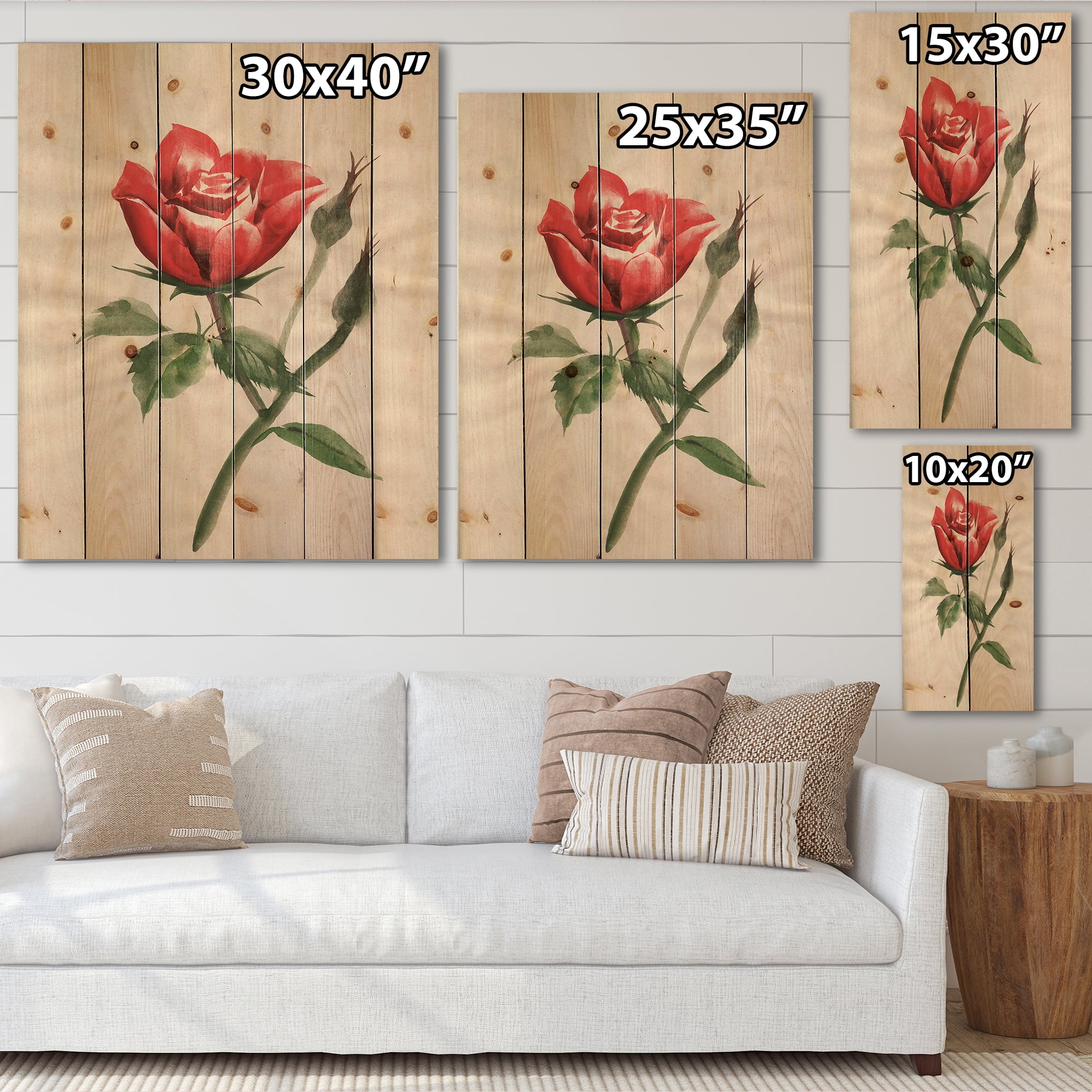 Designart 'Ancient Red Rose Flower II' Traditional Print on Natural Pine Wood