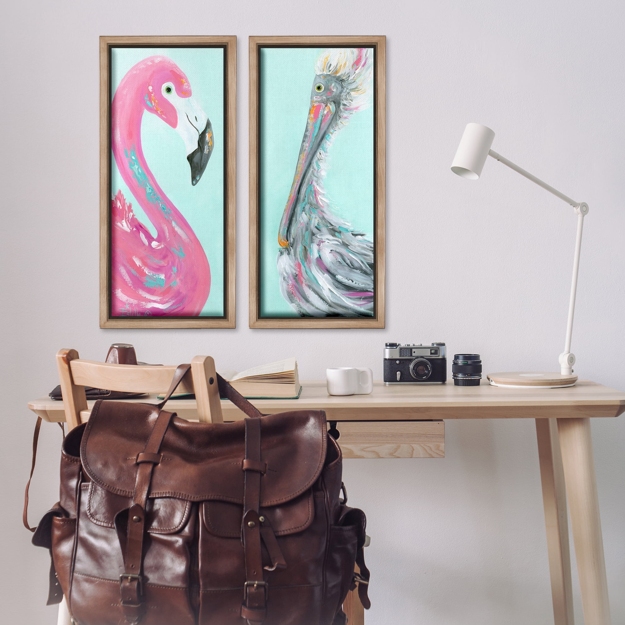 Stupell Industries Odd Flamingo Pelican Profile Animals Painting Brown Floater Framed Canvas Art Print Wall Art, 14 x 31, Set of 2