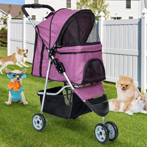 Dkelincs 3 Wheels Pet Stroller Folding Dog Cat Stroller Lightweight Travel Carrier with Cup Holder & Storage Basket, Purple