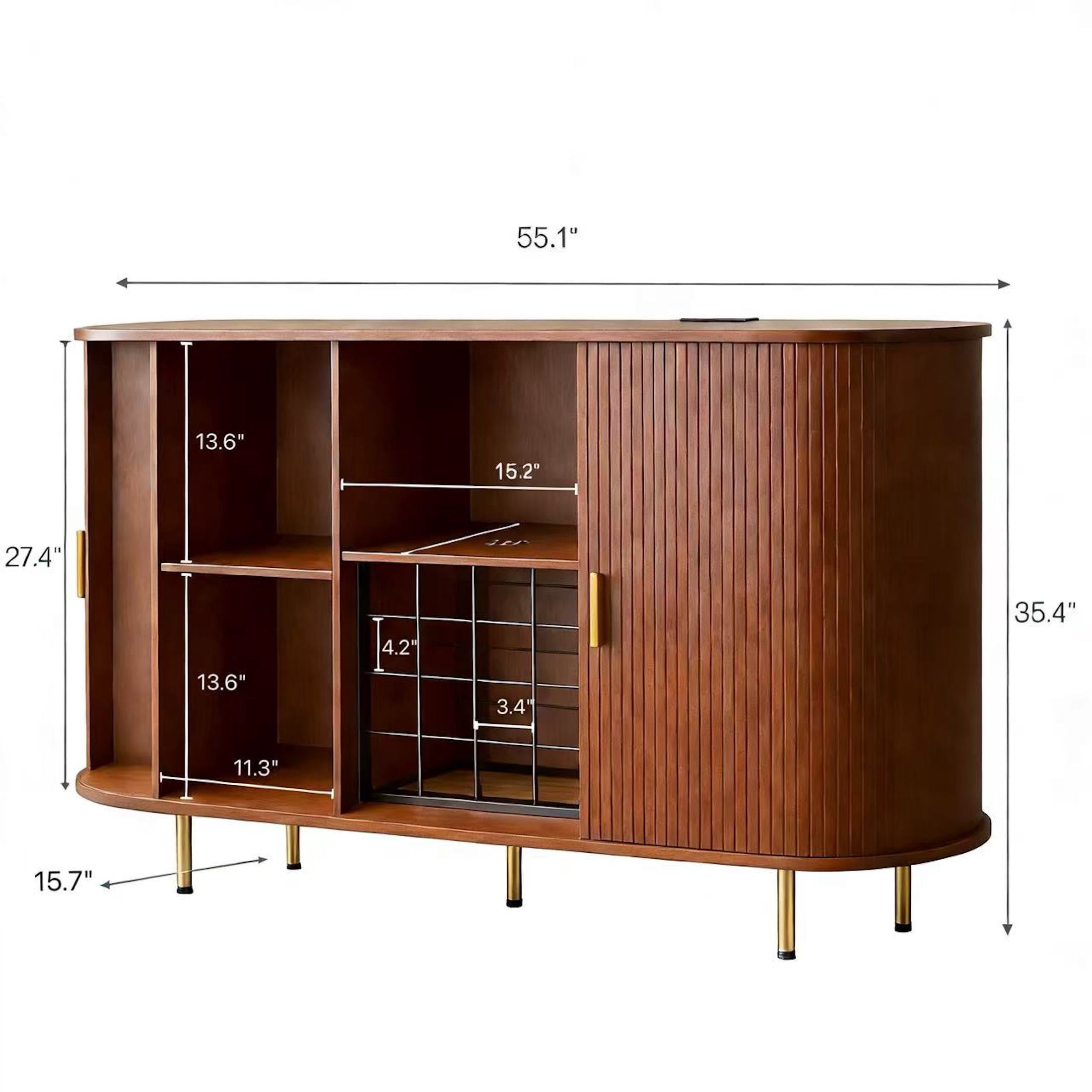 Aisword 55" Wine Bar Cabinet with Storage, Fluted Liquor Coffee Bar Cabinet with LED Lights, Buffet Sideboard, Walnut