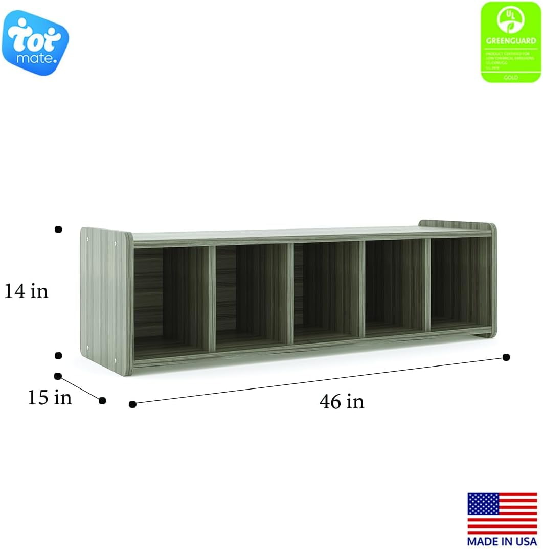 Tot Mate Children's Wooden Book Bench 5 Cubby Toys Storage, Classroom Furniture, Bedrooms, Gray, RTA