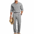 thumbnail image 2 of VBTAPA Business Casual Outfits for Men Cotton Linen 2 Piece Set Long Sleeve Button Down Shirts and Pants Set Office Work Suit with Pockets Dark Gray XL, 2 of 9