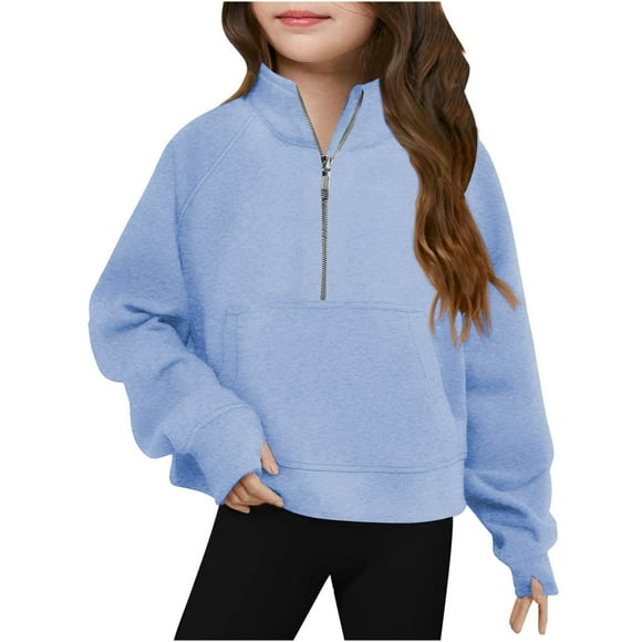 Milgrthf Girls Half Zipper Sweatshirts Cute Trendy Fall Pullover Crop Tops for Teen Girls Long Sleeve Sweater Clothes Thumb Hole Light Blue 160/13Y