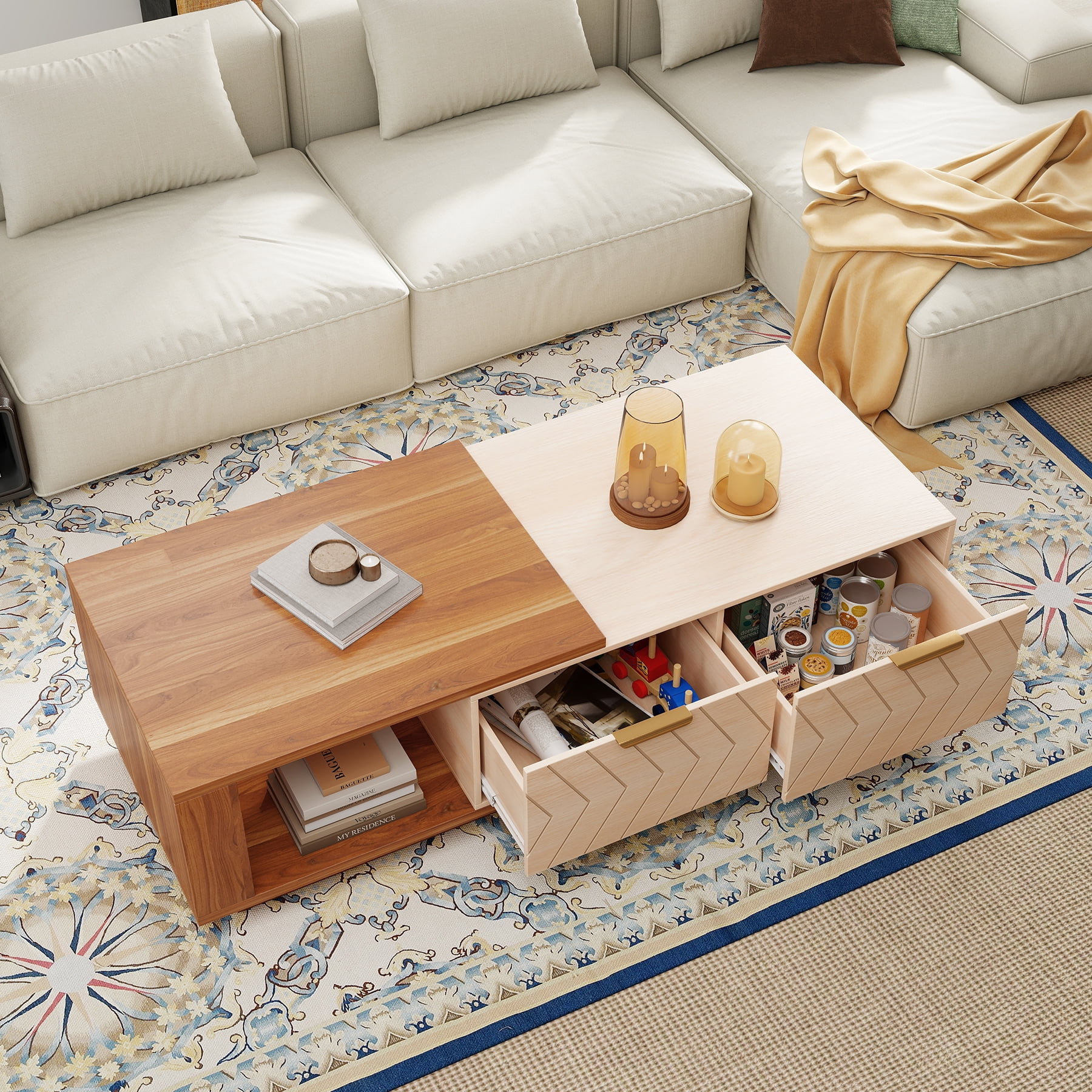 Expandable Coffee Table with Storage, 42''-65'' Two-Tone Wood Coffee Table with 2 Drawers for Living room