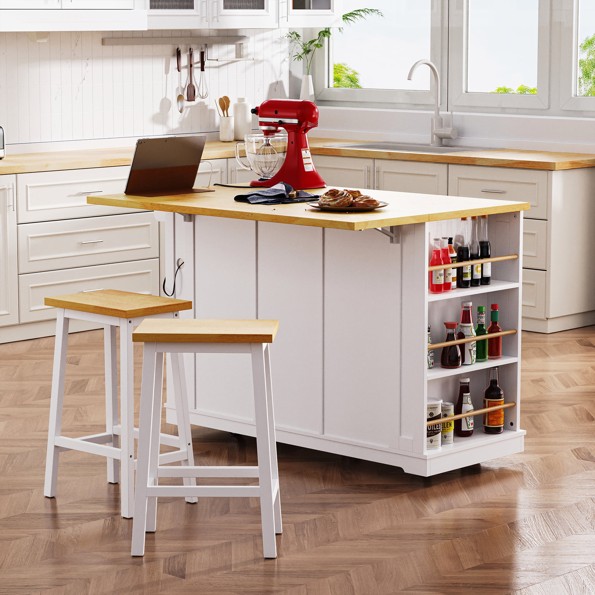 Yoneston 53" Rolling Kitchen Island with 2 Bar Stools, Kitchen Storage Cart with Power Outlet, Internal Storage Rack, Drop Leaf, 5 Open Side Racks, 3 Drawers 2 Doors for Kitchen Dining Room, White