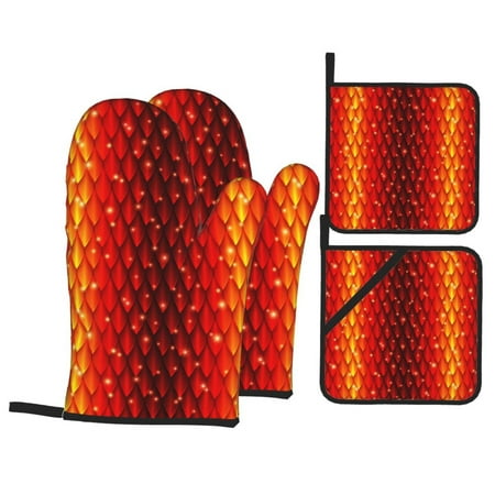 

Oven Mitts and Pot Holders Sets 4 pcs cool Red Dragon Skin scale Non-Slip Oven Gloves Potholders Soft Quilted Lining Heat Resistant Gloves Hot Pads for Kitchen Cooking Baking
