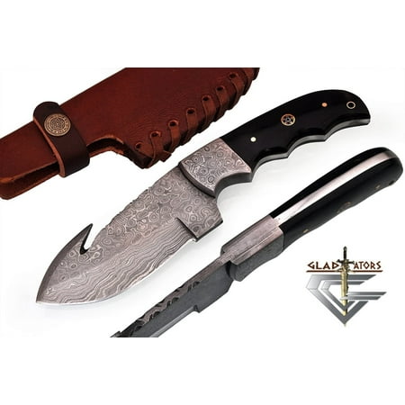 GladiatorsGuild 65- Custom Handmade Damascus Steel Skinner 9 Inch Hunting Knife Fixed Blade Skinning Knife with Gut Hook with Sheath Black