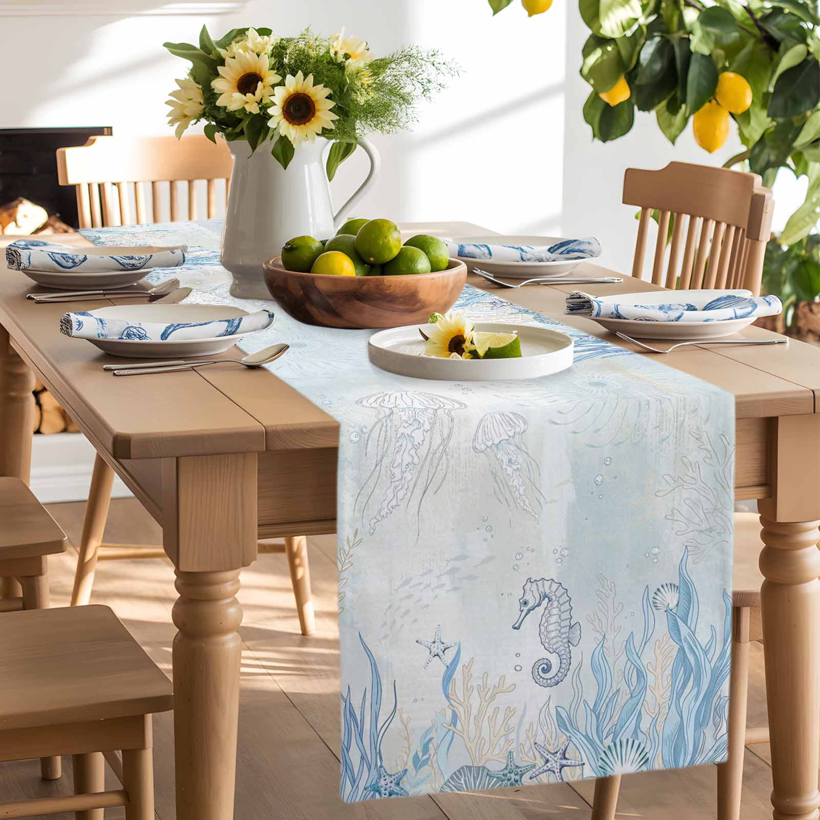 Burlap Table Runner 70 Inches Long, Sea Stars Jellyfish Non-Slip Kitchen Table Runners for Dining Room Everyday Use Party Table Decorations Marine Life on Retro Paper
