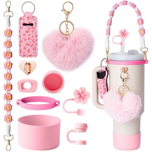 Accesorios para Stanley la Copa, Correa Porta Botella con Mango, Funda de Copa de Silicona, Porta Labial, Tapa de Pajilla y Tapa Antiderrames, Encantres rnos Lindos para 40 oz/30 oz