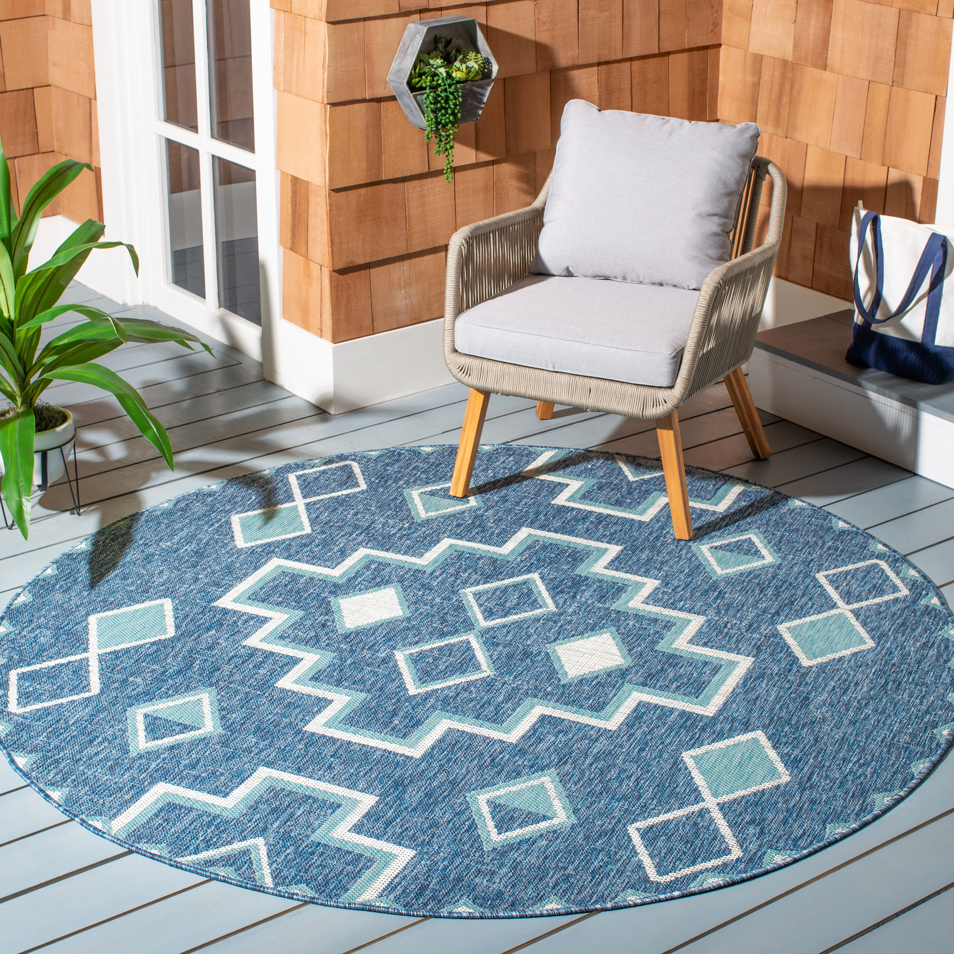 SAFAVIEH Courtyard Floella Geometric Indoor/Outdoor Area Rug, Navy/Aqua, 6'7" x 6'7" Round
