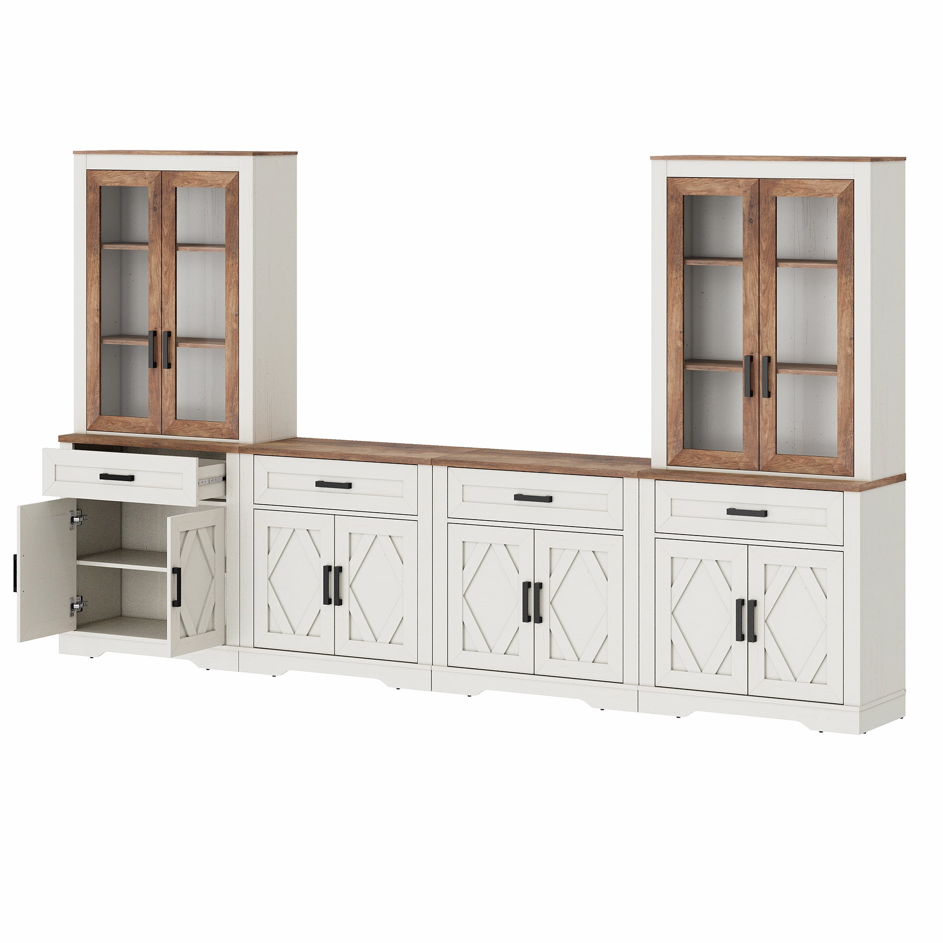 WAMPAT Farmhouse Entertainment Center with Bookshelf for TVs up to 70",Modern TV Stand with 73"H Tall 5-Tier Bookcase with Open Storage and Barn Doors for Living Room,Bedroom,Antique White