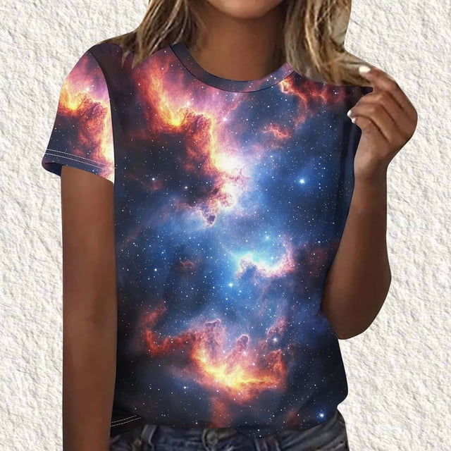 TaTaai Women's Galaxy Print Top Short Sleeve Crew Neck Pullover Loose Fit Casual Summer Chic T-Shirt Blouse Daily Party Weekend Gift