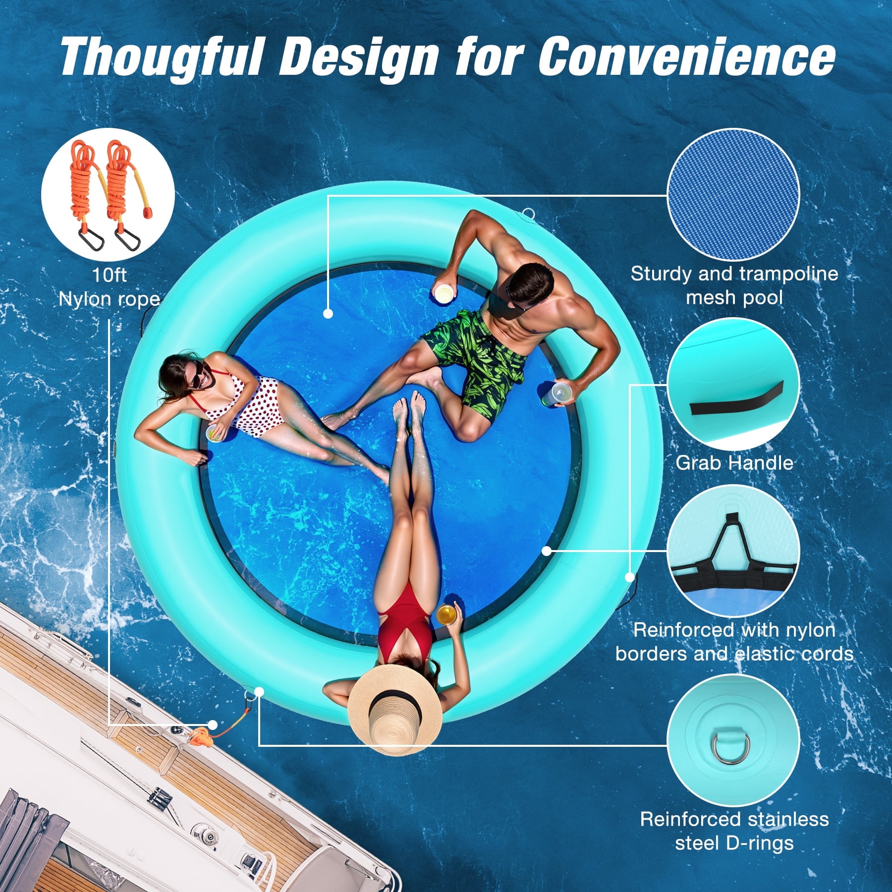 WARMOUNTS Inflatable Water Hammock Floating Dock, 6' x 6' Round Inflatable Raft for Water Recreation, Non-Slip Float Ring for Ocean Lake River Boat