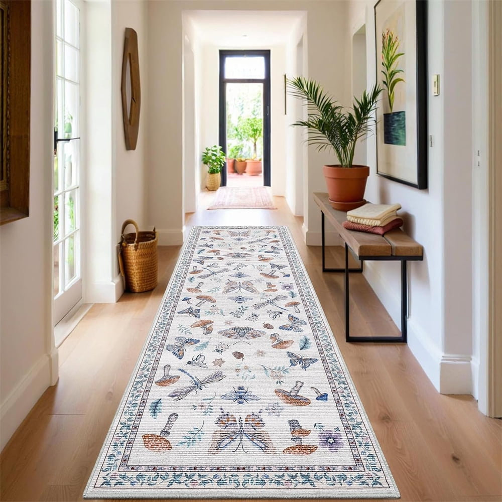 Washable Runner Rug Modern Insect Floral Print Area Rug Mushroom Carpet for Kitchen Stain Resistant Carpet with Non-Slip Backing Low Pile Floor Cover for Hallway Laundry Bedroom
