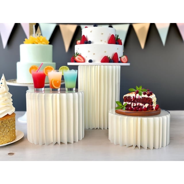 3PCS Cylinder Stands for Party with Acrylic Plates, Foldable Cylinder Pedestal Stand, Buffet Risers, Food Risers for Buffet Table, Weddings, Baby Showers, Birthday, Events Centerpieces Decor (5.9"+9.8