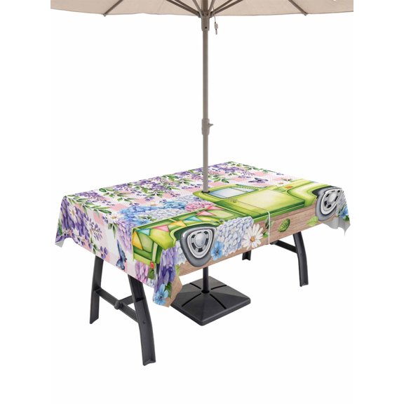 Outdoor Tablecloth with Umbrella Hole for Patio/Picnic/Party/Camping, Blue Purple Floral Waterproof Table Cloth Rectangle Table Cover Washable, Spring Hydrangea Flower Truck Pink Plaid (60"x 84")