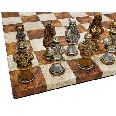 Medieval Times CRUSADE Gold Silver Busts CHESS Set w14.5 Caramel Faux Leather Bd