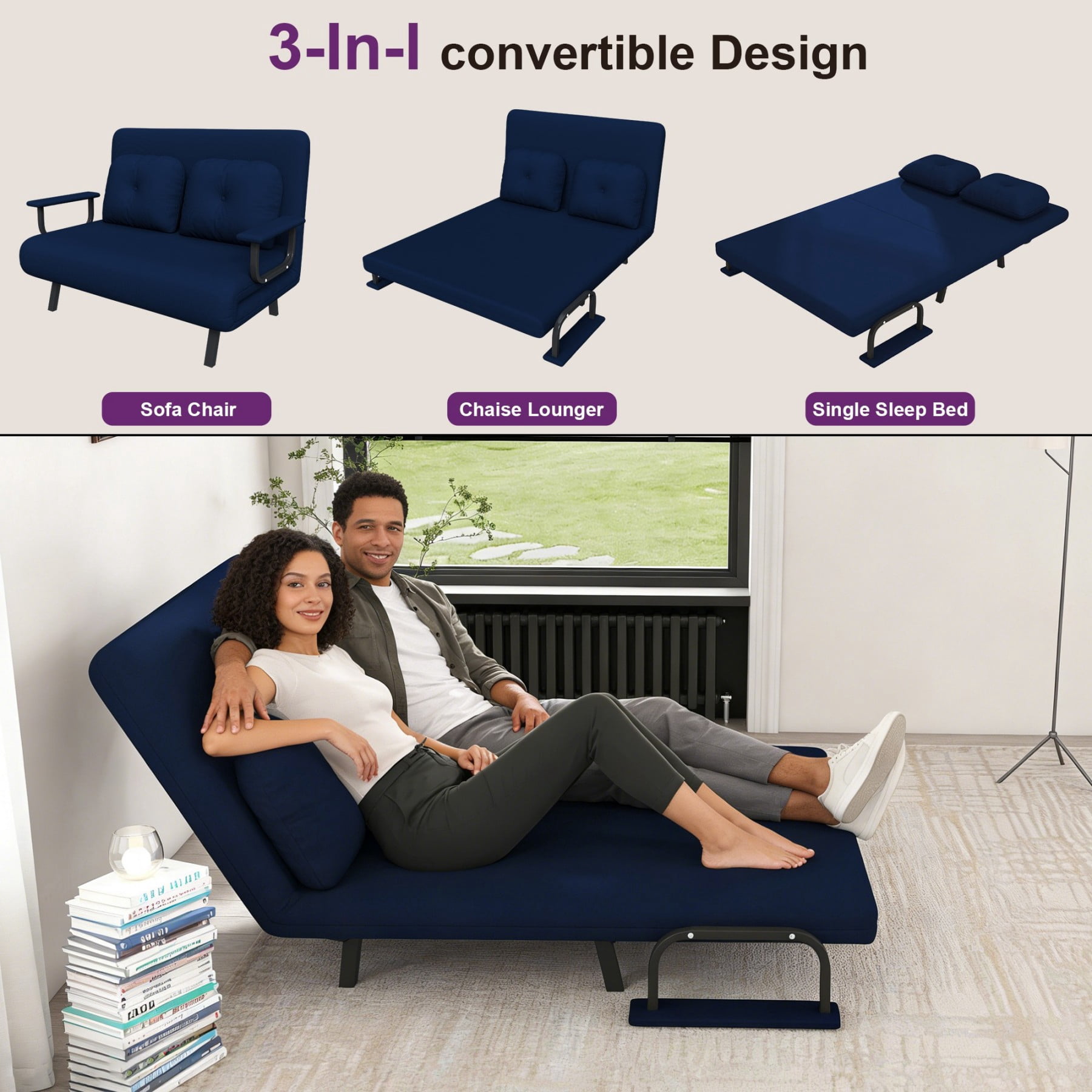 46" Corduroy Folding Sofa Bed Chair for Two, 5-in-1 Convertible Sleeper with Adjustable Backrest & Pillow, Blue