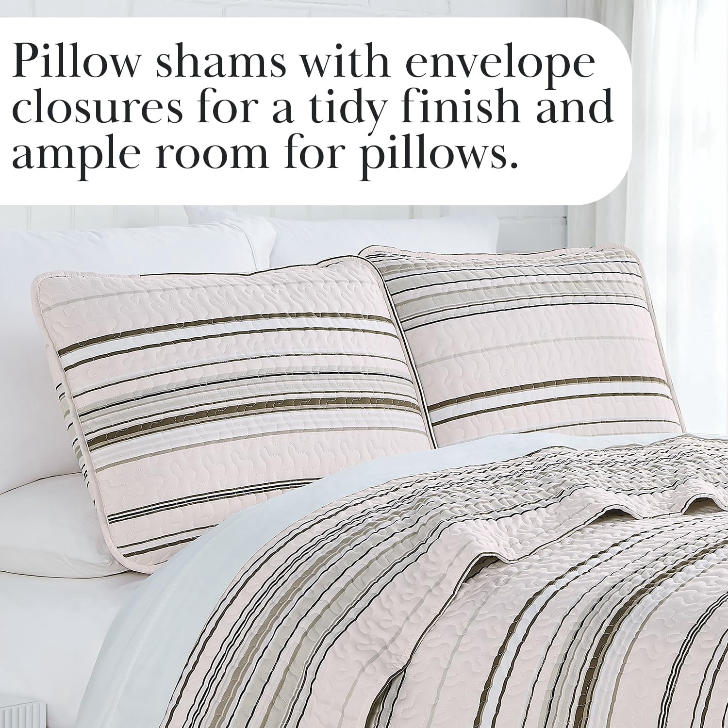 Southshore Fine Living, Inc. Oversized Queen Quilt Set, Striped Beige Quilt Bedspread Queen/Full, 3-Piece Coastal Bedding Set with Quilt and Matching Shams, Soft Microfiber Quilt, Taupe Stripes
