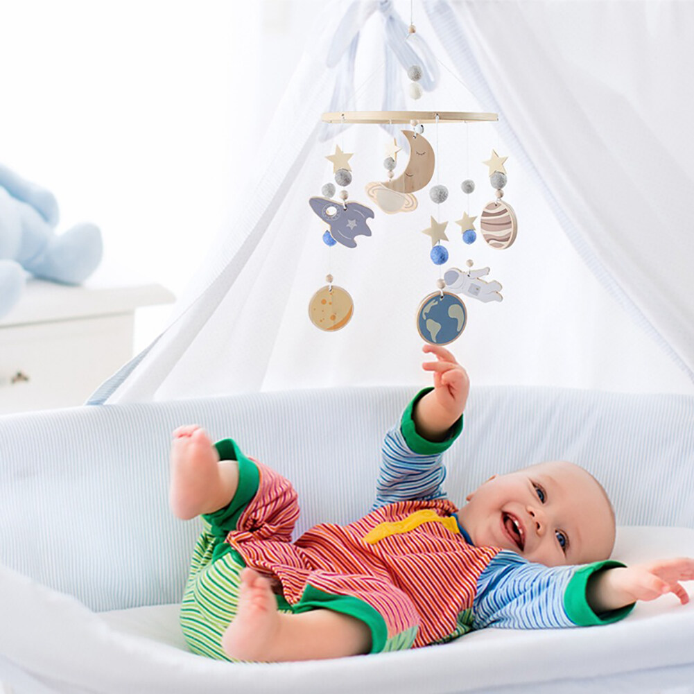 Baby Space Bed Bell – Wooden Hanging Crib Mobile Toy with Stars & Moon for Infant Sleep, Nursery Decor & Sensory Play