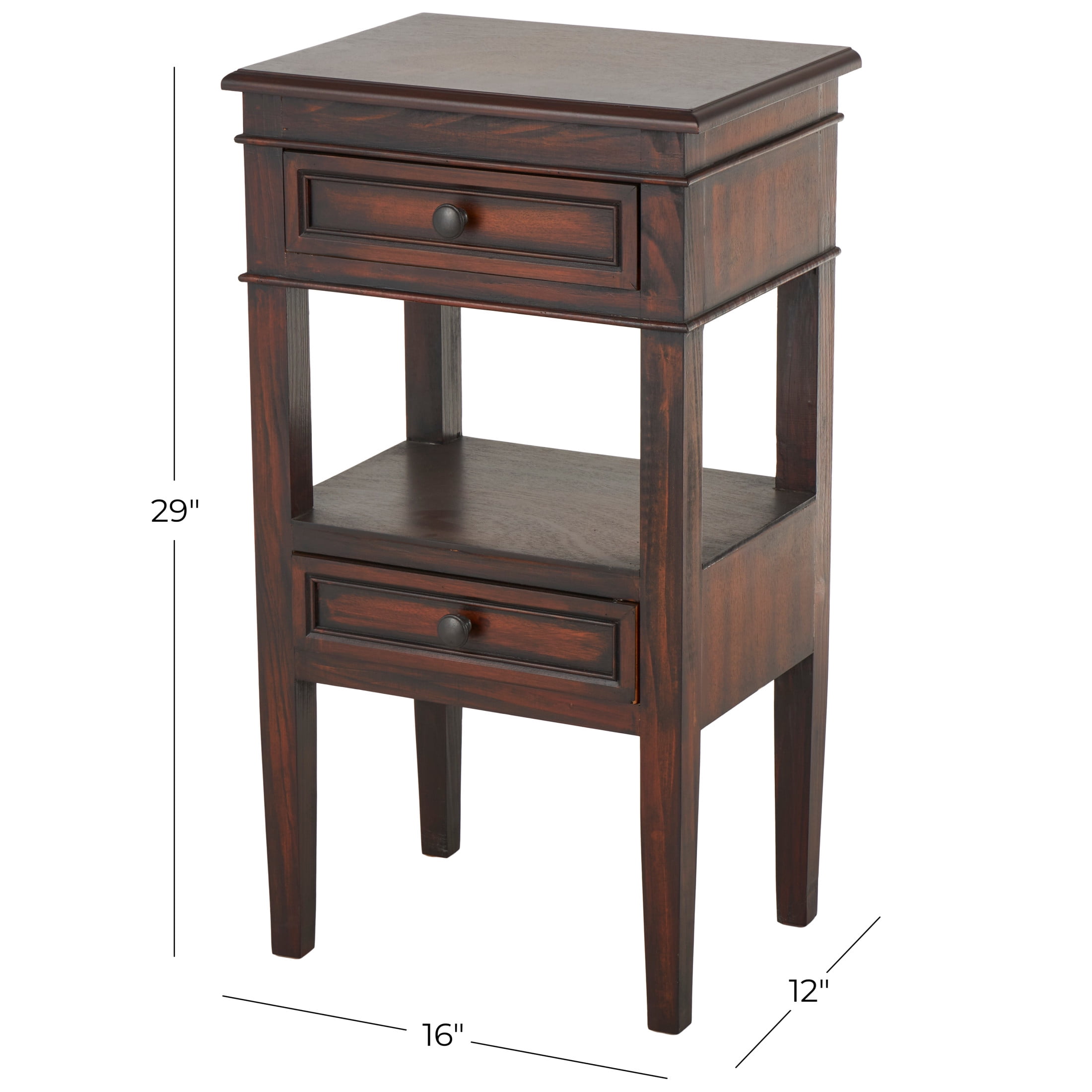 DecMode 16" x 29" Brown Wood Square 2 Drawer and 1 Shelf Accent Table, 1-Piece
